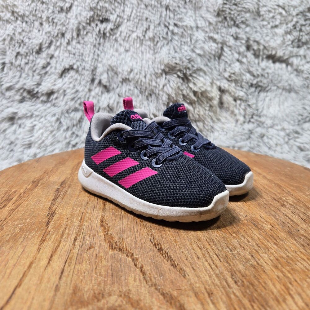 Adidas Baby Shoes Kids Sz 5K Navy Blue Mesh W/ Pink Stripes Comfy Sneaker BB7053